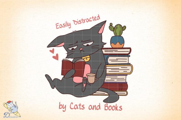 Easily Distracted by Cat and Book: A Creative Digital Illustration