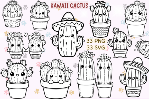 Kawaii Cactus Stamps Black White SVG